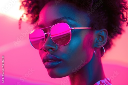 A woman wearing sunglasses against a vibrant pink background. This image can be used to portray style, fashion, or a fun summer vibe