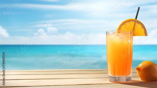 Refreshing orange cocktail on beach table copy space  generative ai