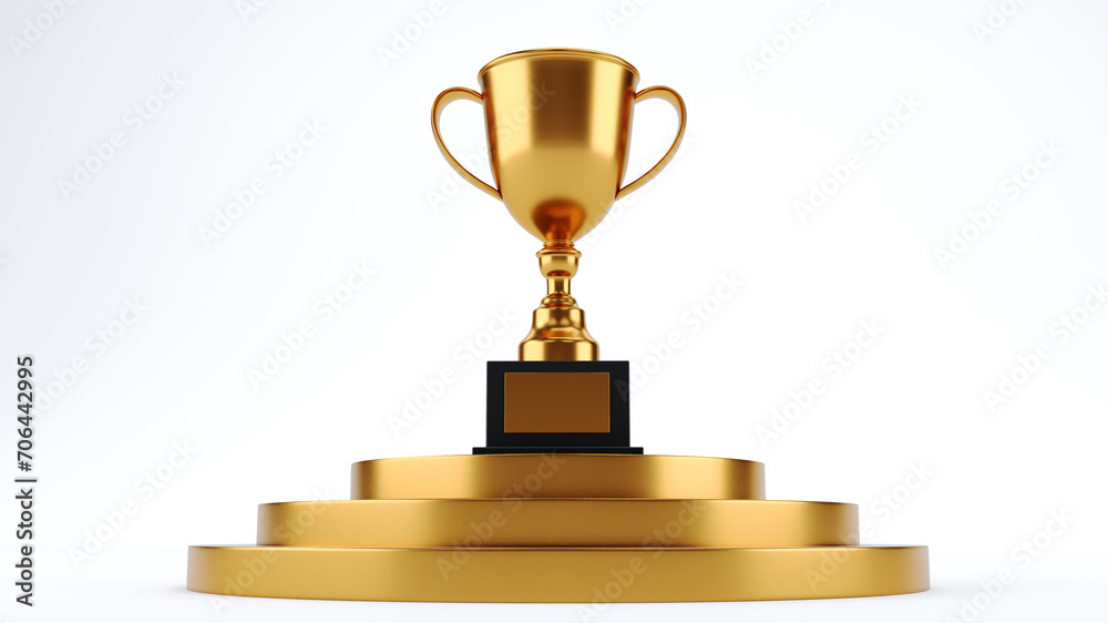 3D render of golden trophy on top of gold pedestal, concept of success 3D render of golden trophy on top of gold pedestal, concept of success