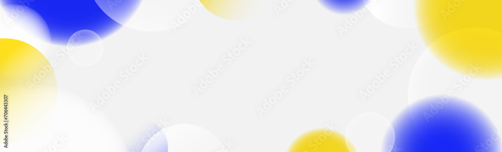 Yellow blue sphere background. Abstract light floating bubbles and balls wallpaper. Soft blurred gradient circle backdrop. Horizontal design template for banner, poster, presentation, brochure. Vector