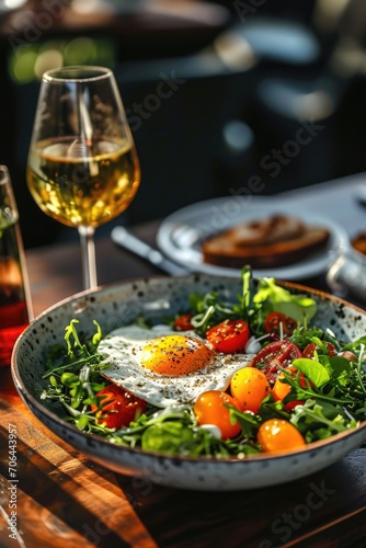 A picture of a plate of food and a glass of wine placed on a table. This image can be used to showcase a delicious meal or for restaurant promotions
