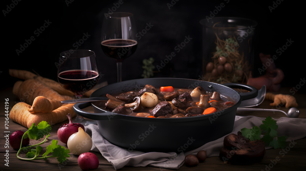 Beef Bourguignon served in a cast iron pot with  carrots, onions and mushrooms side of crusty bread pour in a white bowl with cooking background