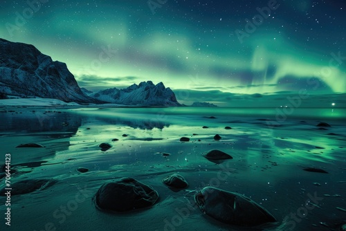 Aurora lights shining brightly in the sky above the water. Perfect for nature and astronomy enthusiasts © Fotograf