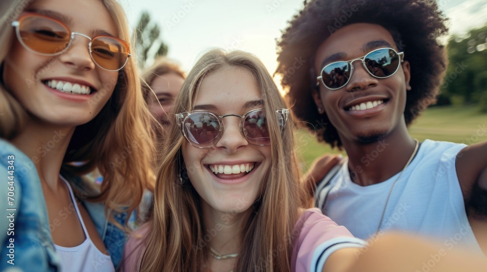 A group of friends gathered together to capture a fun moment with a selfie. Perfect for social media posts and capturing memories with friends