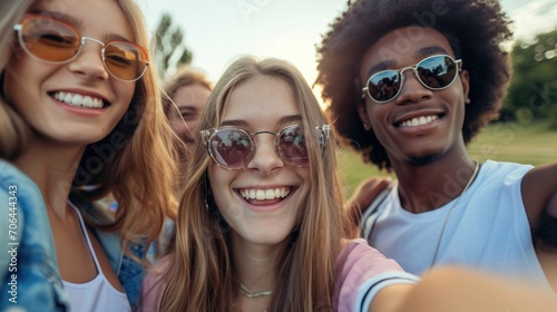A group of friends gathered together to capture a fun moment with a selfie. Perfect for social media posts and capturing memories with friends