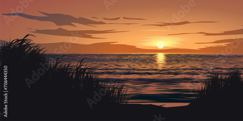 Beautiful beach landscape with grass in silhouette