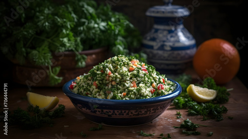 Tabbouleh salad, Levantine vegetarian salad with parsley, mint, bulgur, and tomato, healthy dish mixes tabbouleh and Greek style salads, side view with cooking background