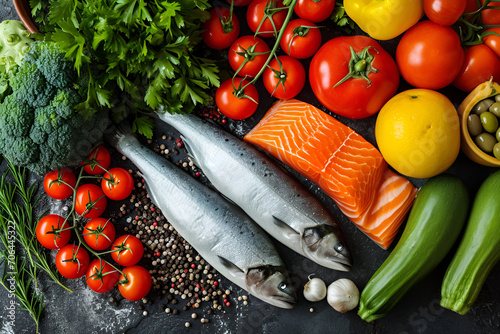 Healthy food clean eating selection: fish, vegetable, seeds, superfood, cereals, leaf vegetable on dark background photo