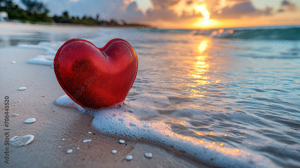 Fototapeta premium Romantic Red Heart on Sandy Beach