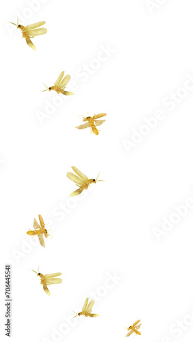 Golden Flying Fireflies. Isolated flying glowworm on transparant background 