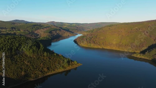 Mountainous Landscape In Encoro da Ribeira Reservoir, Pontes De Garcia Rodriguez, A Coruna Spain. Aerial Wide Shot photo