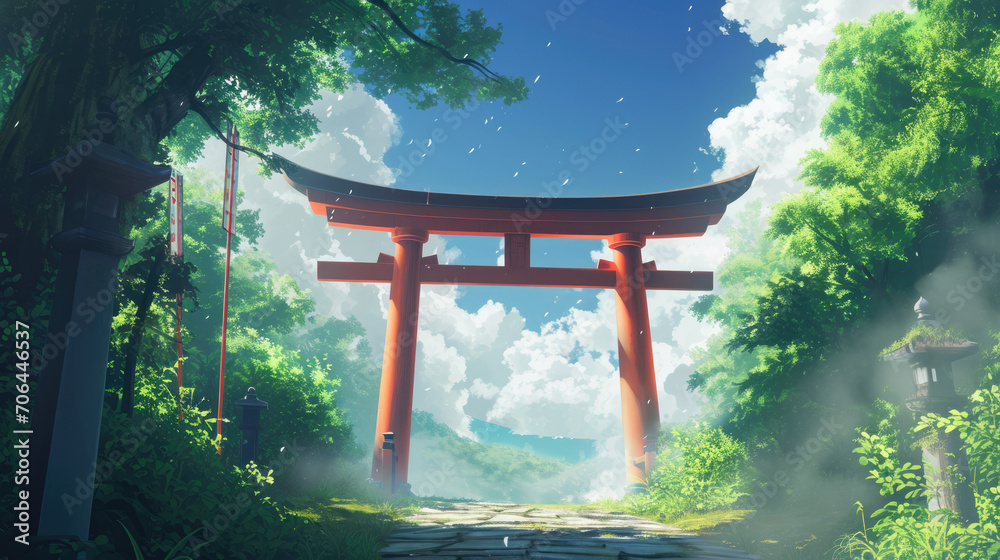 Torii Japanese Gate, Torii Forest Background, Concept Art, Digital Illustration, Anime Style - obrazy, fototapety, plakaty 