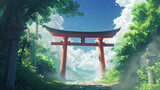 Torii Japanese Gate, Torii Forest Background, Concept Art, Digital Illustration, Anime Style