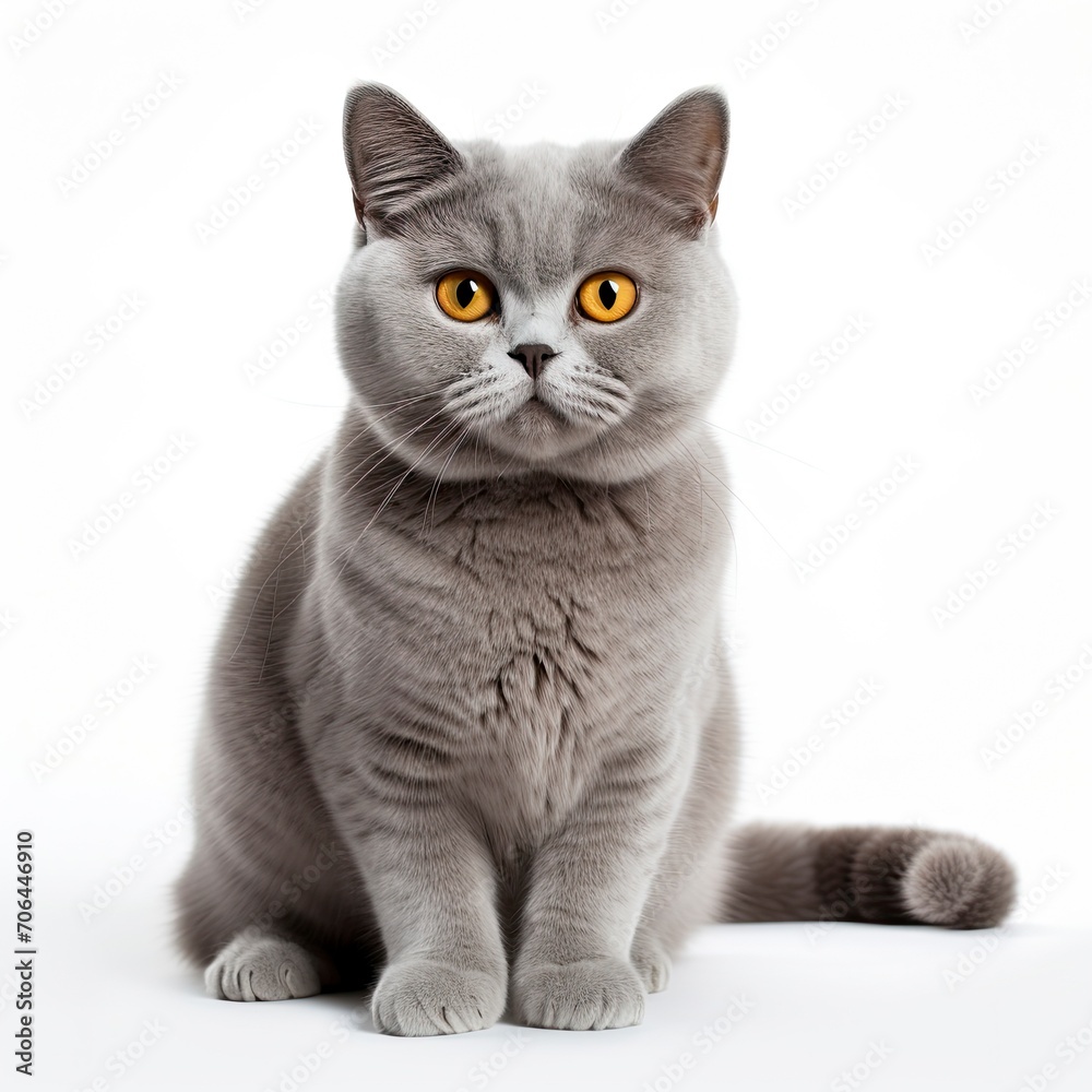 Fototapeta premium Elegant British cat poses on a pristine white background, showcasing its regal charm and fluffy fur, a domestic feline companion exuding both style and playfulness.