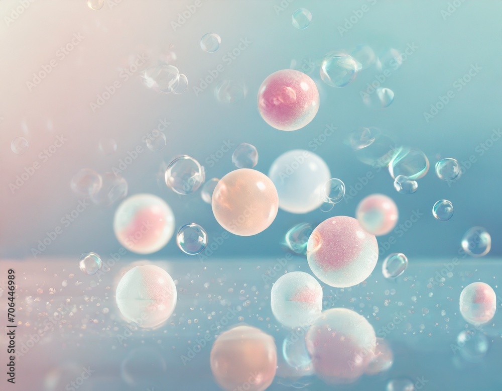 Pastel watercolour background with colorful shiny  pearly glass balls and bubbles. 