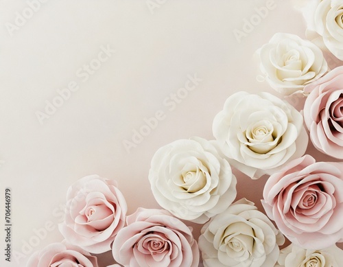 Pastel watercolour background with pile of marshmallow roses and copyspace. 