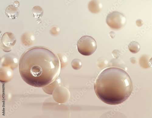 Pastel beige and golden watercolour background with shiny pearly glass balls and bubbles. 