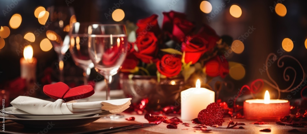 Valentine's Day dinner for couple with romantic setting in restaurant. Decorated location with red flowers and candles for surprise proposal. Closeup details. Valentine's Day dinner for couple with romantic setting in restaurant. Decorated location with red flowers and candles for surprise proposal. Closeup details.