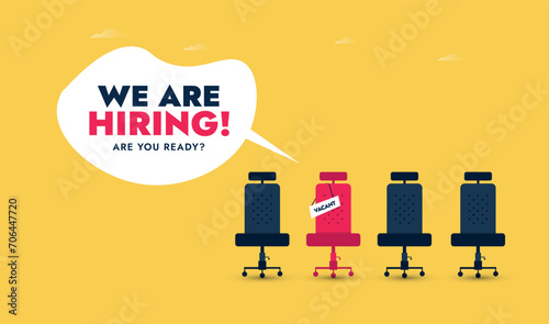 We are hiring. We're hiring Facebook cover banner with empty office chairs ready to be equipped having a vacant sign. Job recruitment cover banner in yellow colour. Recruitment process concept