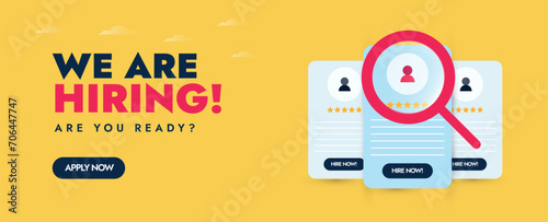 We are hiring. We are hiring announcement banner with magnifying glass zooming in different CVs. Hiring post concept banner in yellow colour. Recruitment agency, company banner template. Job hiring.   photo