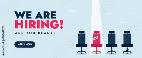 We are hiring cover banner. We are hiring announcement cover banner with four empty office chairs having a vacant sign on pink chair. Hiring cover banner concept for recruiter. Recruitment cover.  