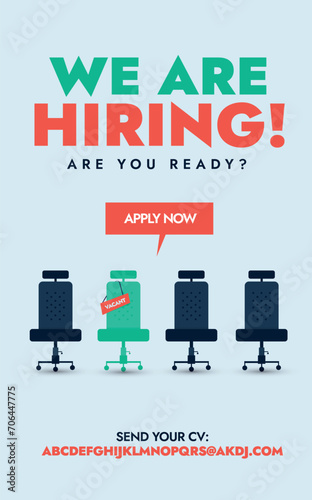We are hiring. We are hiring announcement banner with four empty office chairs ready to be occupied . Job vacancy concept banner for searching and apply jobs. Recruitment agency advertising concept. 