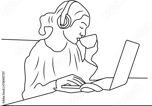 continuous line drawing of professional young business man using digital mobile phone tablet computer working and writing work plan in personal notebook isolated on white background