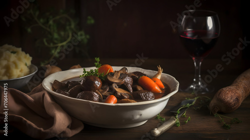 side view of Beef Bourguignon served in a cast iron pot with  carrots, onions and mushrooms side of crusty bread pour in a white bowl with cooking background