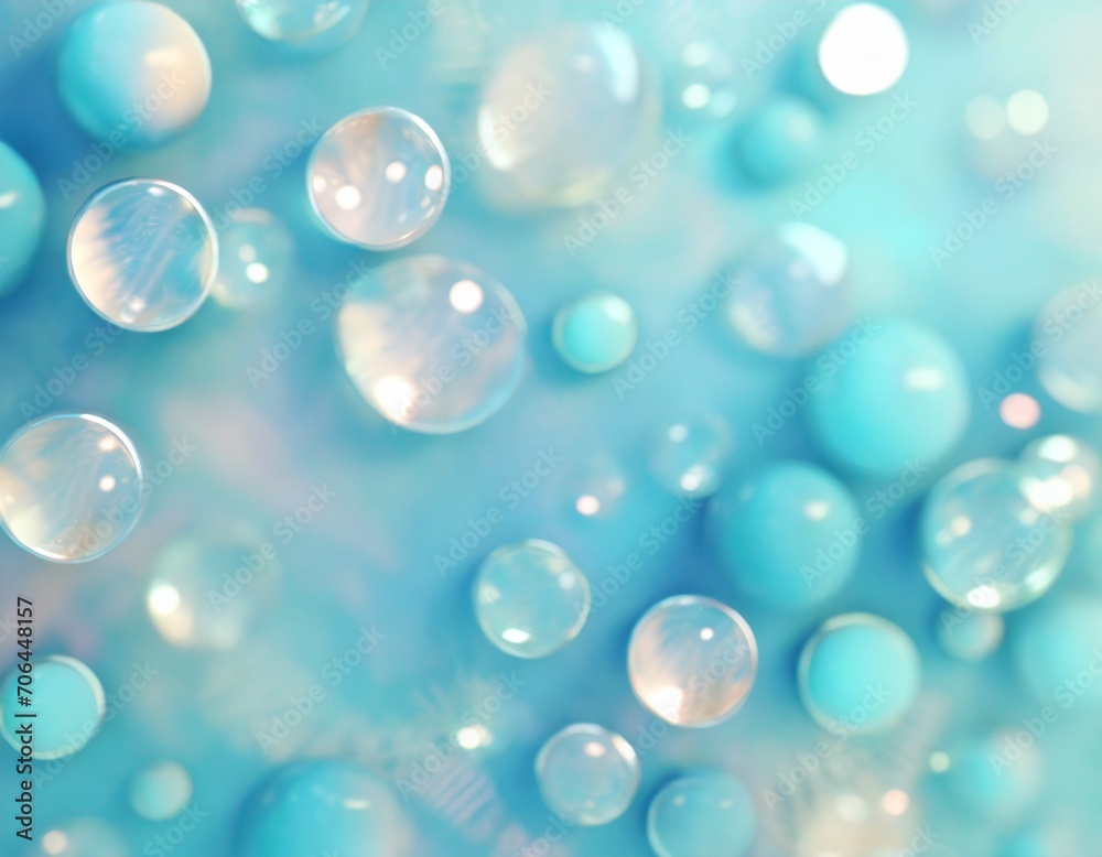Pastel watercolour turquoise liquid with shiny pearly round bubble balls as background. 