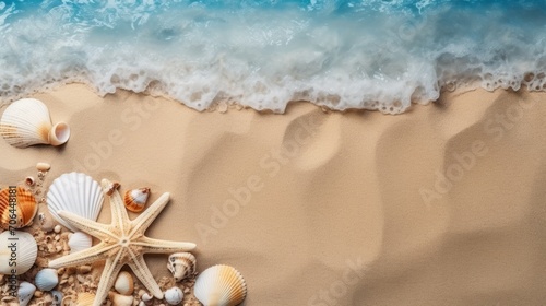 Golden sand with the sea on the background Snail and cockleshell on a sandy background. Summer concept Sea shell on beach