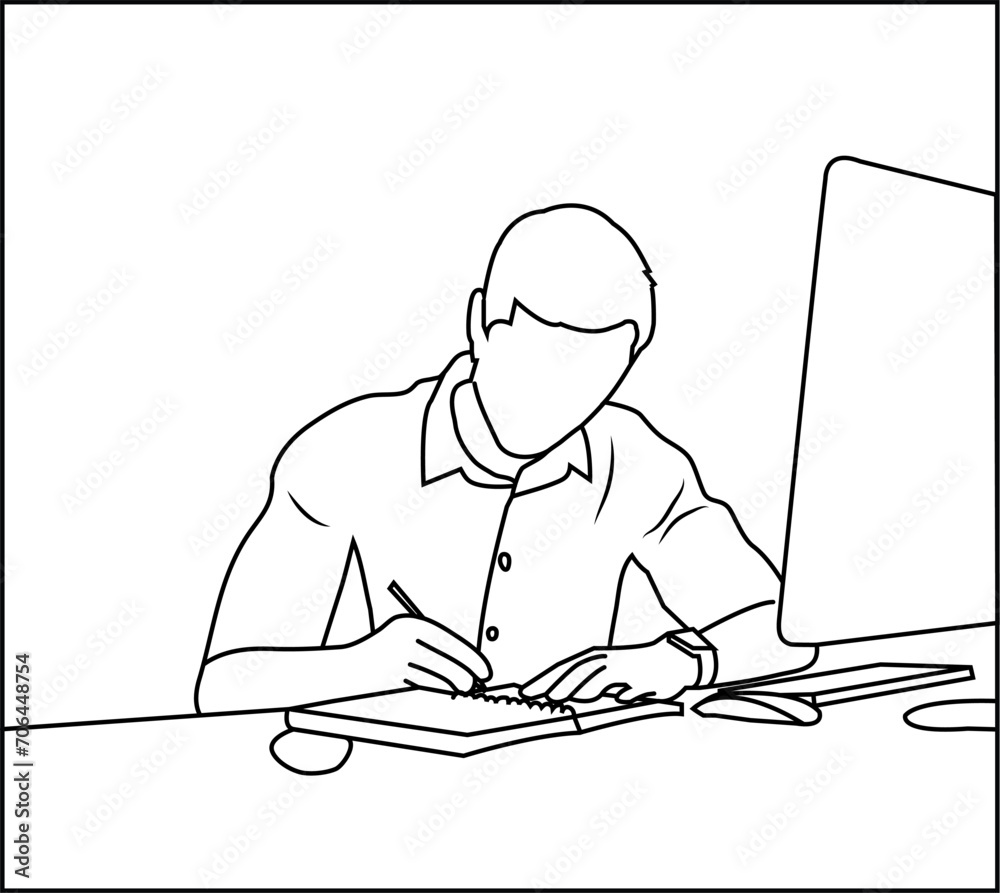 continuous line drawing of professional young business man using digital mobile phone tablet computer working and writing work plan in personal notebook isolated on white background
