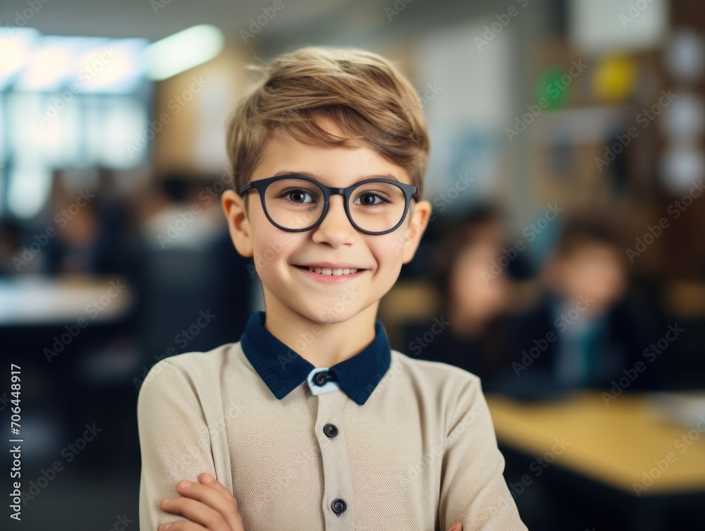 smiling elementary school student standing in classroom with arms crossed. smiling elementary school student standing in classroom with arms crossed.