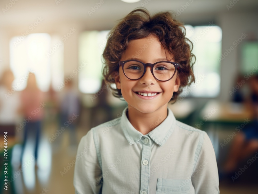 Fototapeta premium smiling elementary school student standing in classroom with arms crossed.