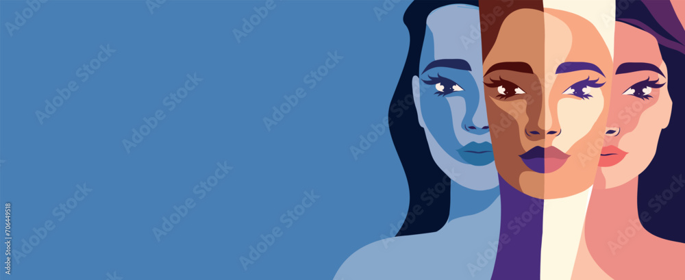 Vector banner with place for text for International Women's Day, different faces of women. Vector concept of movement for gender equality and women's empowerment Vector banner with place for text for International Women's Day, different faces of women. Vector concept of movement for gender equality and women's empowerment