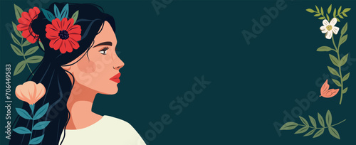  Vector flat banner greeting card with place for text for International Women's Day, Spring Day, Feminism Day illustration of a beautiful woman among plants and flowers