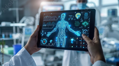 Virtual AI Assistant displayed on a tablet or screen. Artificial intelligence emerging role in patient interaction and telemedicine. accessible, AI-enhanced healthcare services