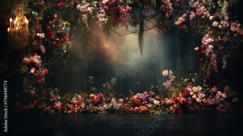 Enchanted Flower Archway in Mystical Setting. An ethereal archway adorned with a lush array of flowers, creating a magical atmosphere that could inspire settings for events or fantasy scenes.