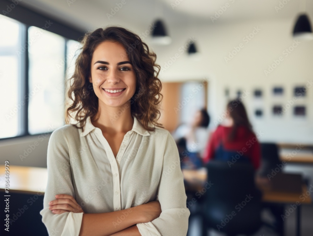 smiling teacher standing in classroom with arms crossed. smiling teacher standing in classroom with arms crossed.