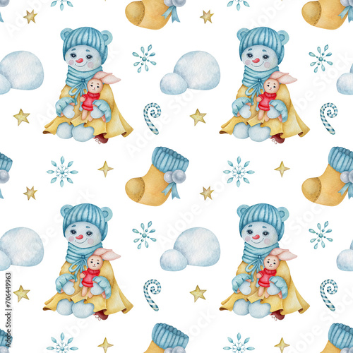 Adorable snowman in a winter outfit holding a toy, surrounded by boots, candy canes, snowflakes, and stars. Watercolor seamless pattern.