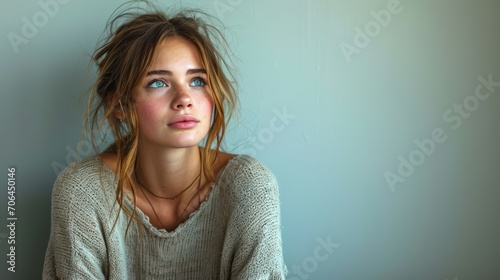 Lone woman sitting on stool against grey background, stock photo, light blue and gray, raw emotions, stylish