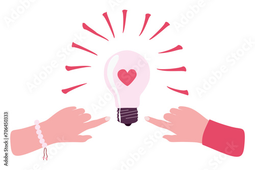 Sharing Love, Ideas and knowledge with others. Human hands Turning on light bulb with heart inside. Person passes to friend or colleague Warm emotions. Vector Valentines day isolated illustration.