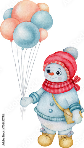 Cute watercolor snowman in red scarf and hat with balloons. Cute winter illustration.