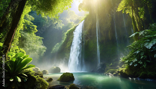 Fototapeta Naklejka Na Ścianę i Meble -  a sunny jungle forest landscape waterfall mountain paradise green tropical water travel nature vacation fall natural hiking river flowing natural scenic tourism stream outdoor beautiful waterfalls