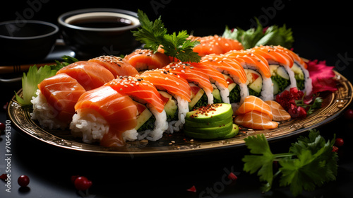 Elegant presentation of sushi platter with soy sauce. Generative AI.