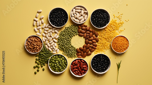 Various colorful legumes and cereals in black bowls background.
