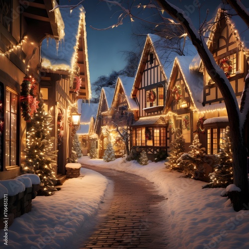 Christmas and New Year holidays in european city. Christmas trees and houses in the snow © A