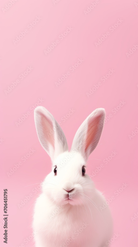 White rabbit on pastel pink background with copy space. Easter, holiday, animals, spring concepts.