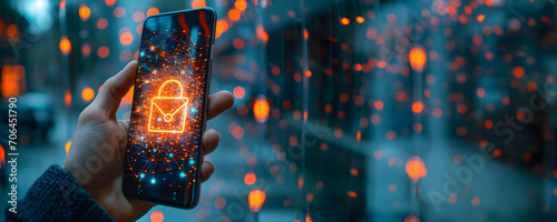 Cyber security concept - hand holds phone with lock icon on the screen, neural network, bokeh background photo
