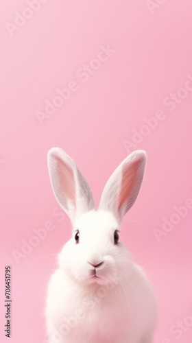 White rabbit on pastel pink background with copy space. Easter, holiday, animals, spring concepts. © liliyabatyrova