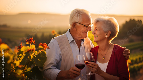 Elderly pair holding wine glasses set against the backdrop of a vineyard photo